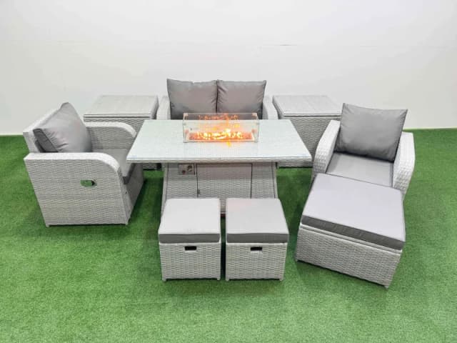 Fimous Light Grey PE Wicker Rattan Garden Furniture Set Sofa Set Reclining Chair Firepit Dining Table 7 Seater 3 Stools 2 Side Table Light Grey