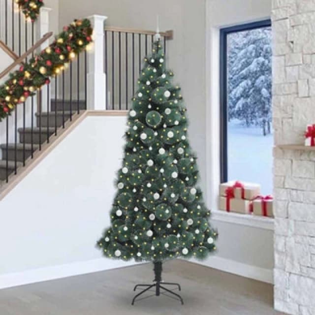 vidaXL Artificial Pre-lit Christmas Tree with White Ball Set Green 240 cm, Green 3396193