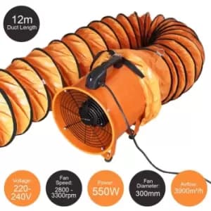 Dust Extractor Ventilation Fan 300mm Portable 12m Duct Hose Workshop Fume Air Blower Industrial PVC Ducting Ventilator - Orange