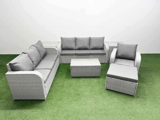 Fimous 8 Seater Poly Rattan Outdoor Garden Furniture Sofa Set Patio 3 Seater Sofa Reclining Chair 3 Seater Sofa Big Footstool 2 Side Table Light Grey