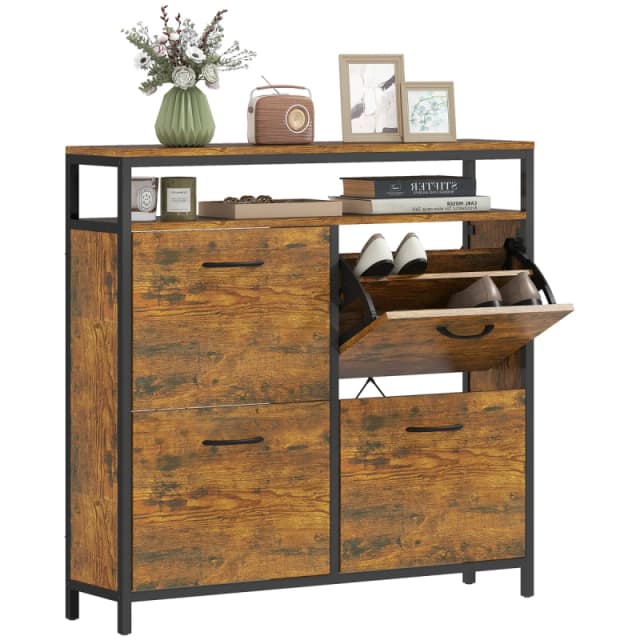 HOMCOM HOMCOM Narrow Shoe Cabinet with 4 Flip Drawers and Open Shelf in Brown Brown One Size Unisex 5063603399938