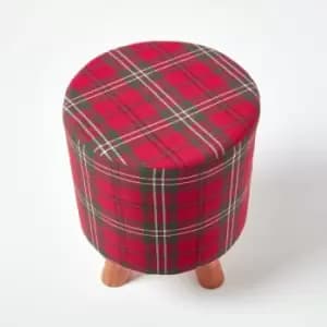 Red Tartan Fabric Footstool with Wooden Legs - Red - Homescapes