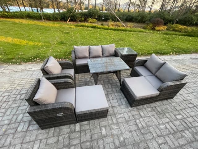 Fimous Outdoor Rattan Garden Furniture Set 9 Seater Patio Lounge Sofa Set with Dining Table 2 Big Footstool Side Table Dark Grey