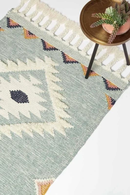 HOMESCAPES Tenali Blue Kilim Wool Rug 120 x 170cm - Homescapes RU1418C