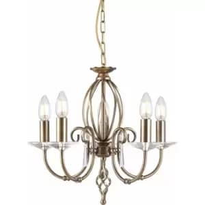 5 Bulb Chandelier Cut Glass Droplets Curved Stem Aged Brass LED E14 60W