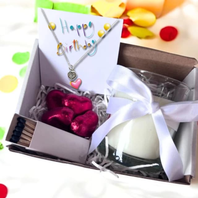 Aye Do Gifts Small Happy Birthday Gift Hamper - Cubic Zirconia Heart Necklace, Chocolates & Candle