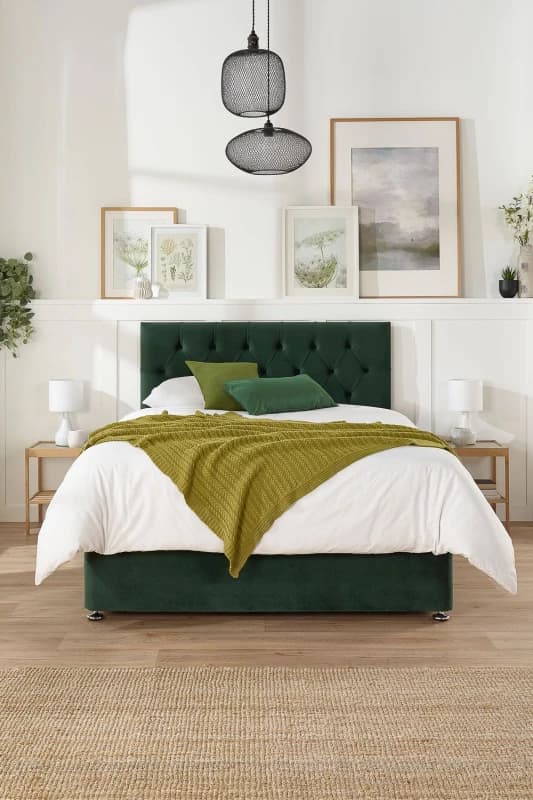 Aspire Aspire Olivier Divan, Plush Fabric, Strutted Headboard, 2 Drawers Emerald