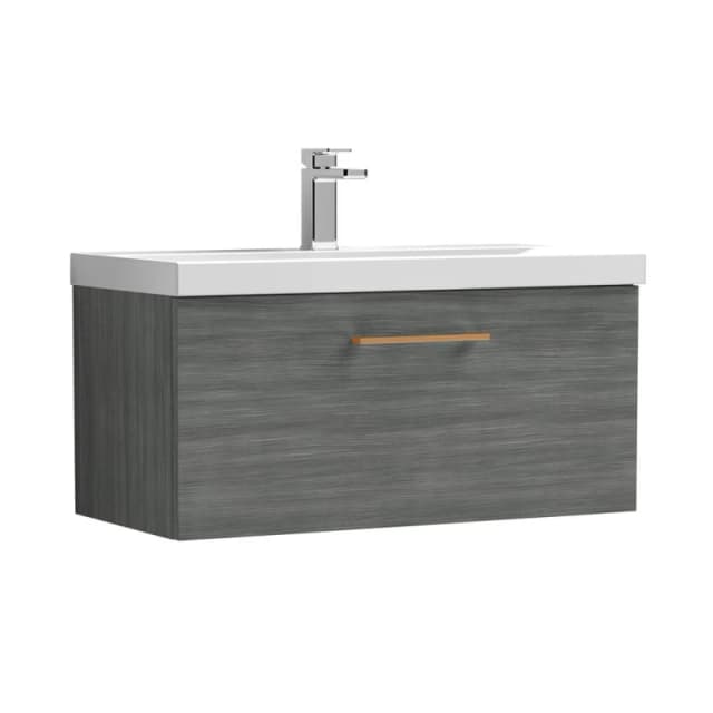 Balterley 800mm Wall Hung 1 Drawer Vanity, Woodgrain Anthracite, Copper Handle in Grey Grey Unisex