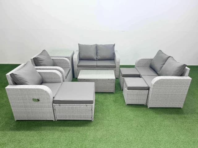 Fimous 9 Seater Outdoor Reclining Chair Love Sofa Set Rattan Garden Furniture Set with Rectangular Coffee Table 3 Stools Side Table Light Grey Light G