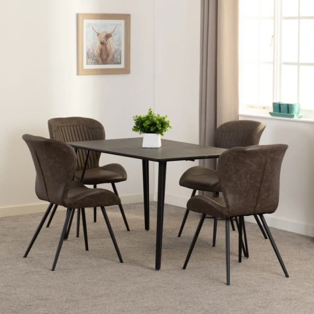 Seconique Marlow & Quebec Dining Set (x4 Chairs) - Black Marble/Brown Pu, Black 400-401-335