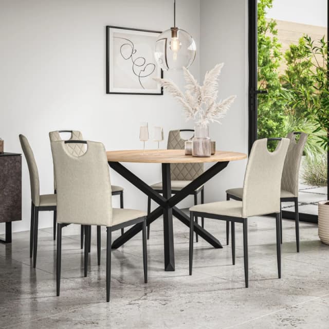 More4Homes Malvern Round Dining Table And Chairs - Oak Table Top W Solid Oak Black Legs + Monza Fabric Dining Chair Set Of 6 (Beige)