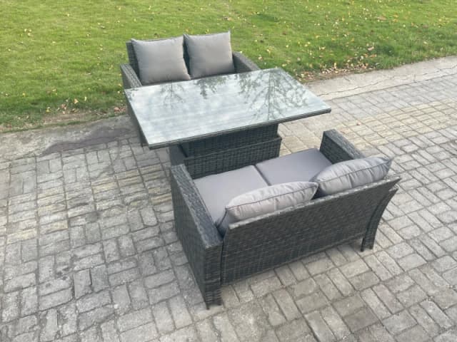 Fimous 3 Pieces Garden Furniture Sets Poly Rattan Outdoor Patio Height Adjustable Rising Lifting Table Sofa Dining Set in Dark Grey Dark Grey Unisex