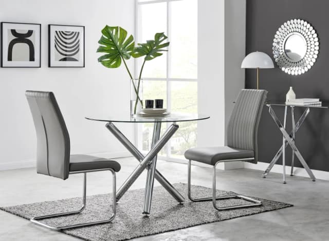 FurnitureboxUK FurnitureboxUK Selina Round Glass And Chrome Metal Dining Table And Lorenzo Chairs Set in Grey Size: 2 Person Grey 2 Person Unisex 50