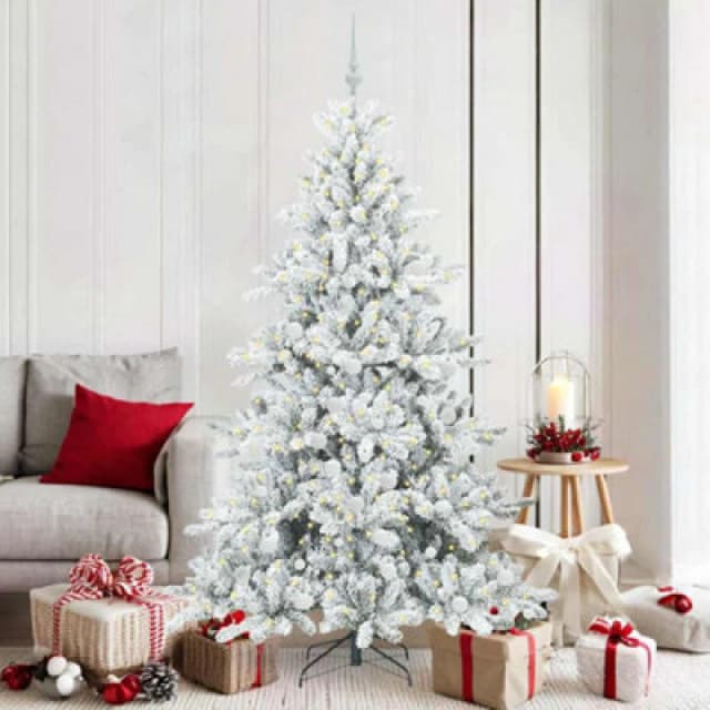 vidaXL Artificial Hinged Christmas Tree with 300 LEDs, White Balls Snow Flocked 180cm PVC, Green 3397721