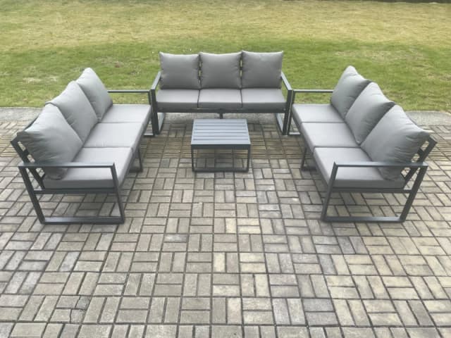 Fimous Aluminium 9 Seater Outdoor Garden Furniture Set Patio Lounge Sofa with Square Coffee Table Conservatory Set Dark Grey Dark Grey Unisex