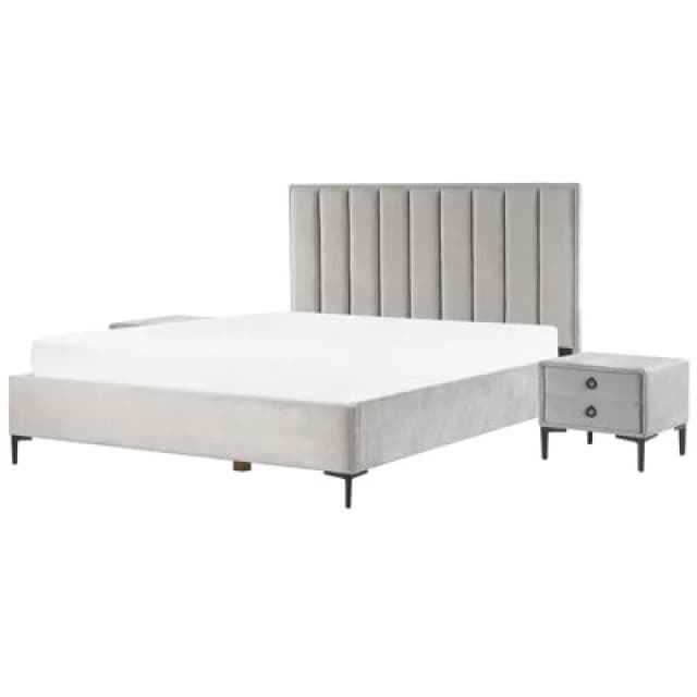 Beliani Bedroom Set Velvet Sezanne 180 X 200 Cm (Eu Super King) Light Grey