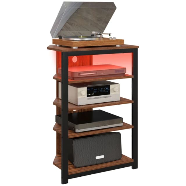 HOMCOM TV Stand with Lights, 4-Tier Storage Shelves for TVs up to 29'', Brown 839-544V81BN