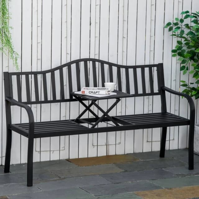 OUTSUNNY Outdoor Bench with Liftable Middle Table, Patio Loveseat, Black Unisex