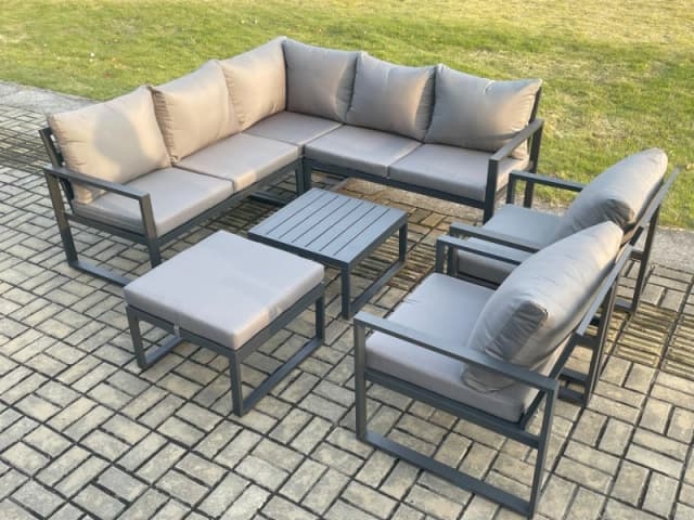 Fimous Outdoor Garden Furniture Set Aluminium Lounge Sofa Square Coffee Table Sets with 2 Pcs Chair Big Footstool Indoor Conservatory Set Dark Grey Da