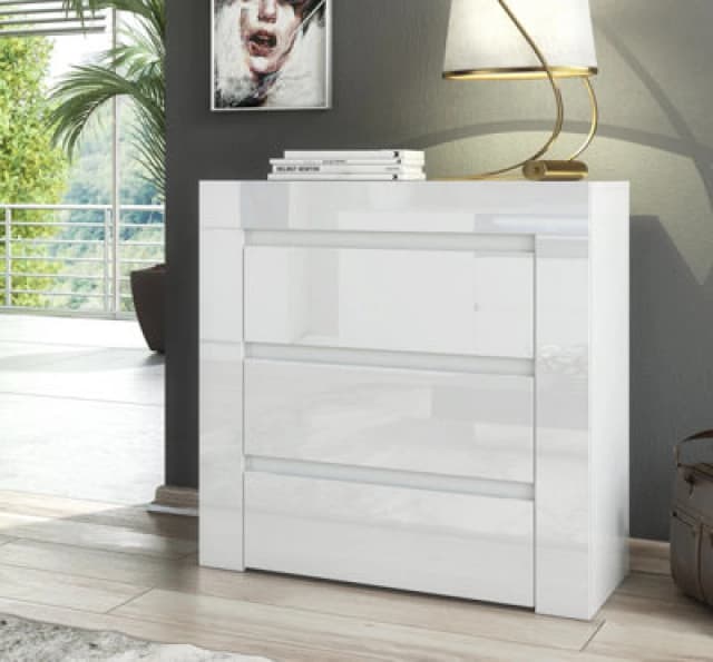 Furneo Modern White 3 Drawer Chest Of Drawers Cabinet Storage Matt & High Gloss Clifton 15