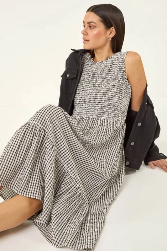 Roman Womens Gingham Shirred Midi Dress in Black Size: 18 Black Female 18