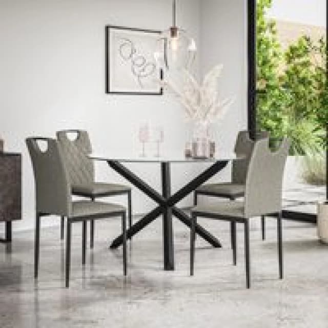 More4Homes Malvern Round Dining Table And Chairs - Clear Glass Table Top W Solid Oak Black Legs + Monza Fabric Dining Chair Set Of 4 (Grey)