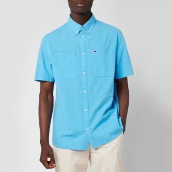 Tommy Jeans Mens Regular Solid Short Sleeve Shirt - Frigid Blue - L
