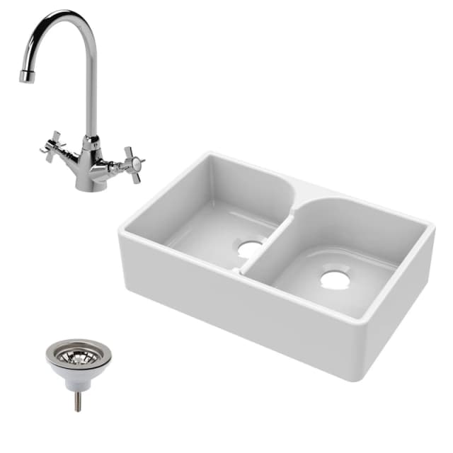 Balterley Fireclay 2 Bowl Stepped Weir Butler Sink Mono Sink Mixer Waste 795mm White