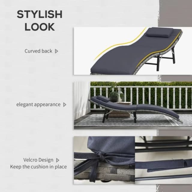 Outsunny Folding Rattan Sun Lounger Outdoor Chair with Cushion and Pillow Grey