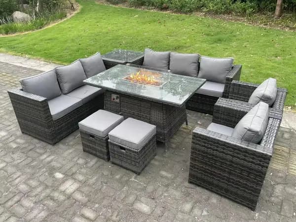 Fimous 8 Seater Outdoor Dark Grey Rattan Lounge Complete Sofa Set with Gas Firepit and 2 Big Footstool