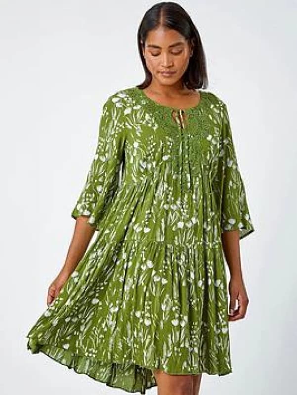 Roman Womens Floral Print Lace Detail Smock Dress in Khaki Size: 20 Khaki Female 20