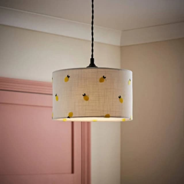 ValueLights Brae Natural White Fabric Lemon Embroidered Drum Lamp Shade Off White