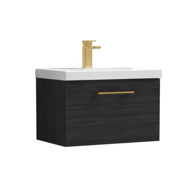 Balterley 600mm Wall Hung 1 Drawer Vanity Unit, Woodgrain Black, Brass Handle in Black Unisex