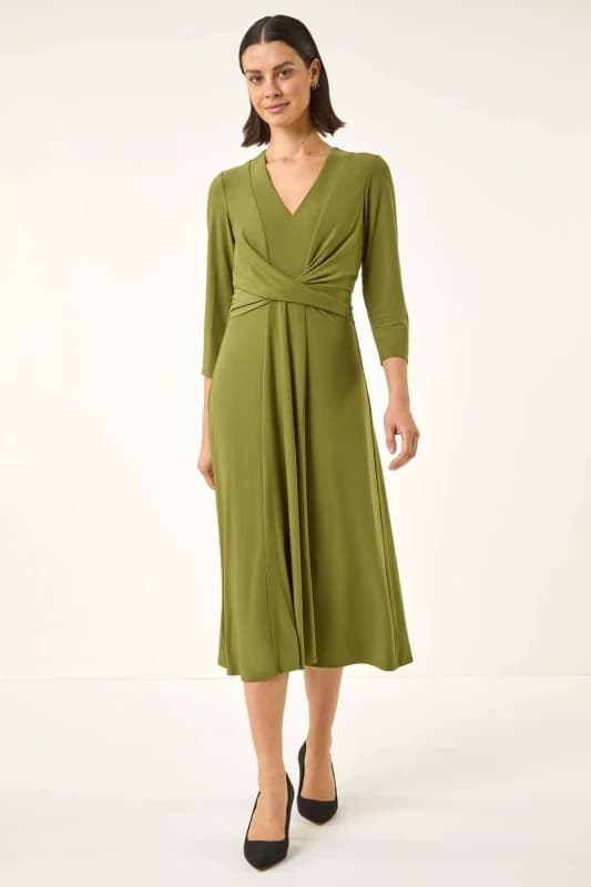 Roman Womens Stretch Crossover Midi Dress in Khaki Size: 10 Khaki Female 10