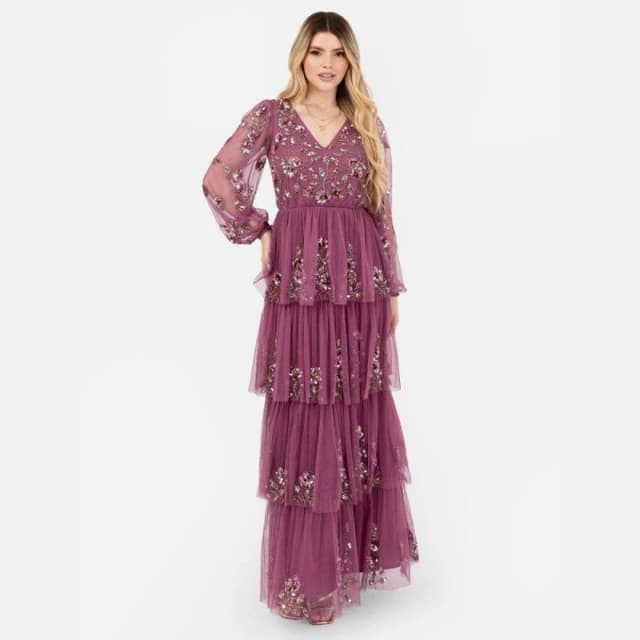 Maya Deluxe Maya Purple Embellished Maxi Sleeve Tiered Maxi Dress Rose female 6 (2XS)