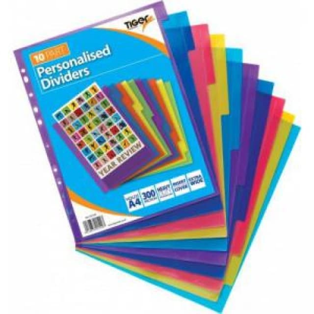 Tiger Personalised 10 Part Polypropylene Dividers A4 Assorted...
