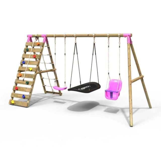 Rebo Wooden Swing Set with Baby Seat, Boat Swing and Climbing Wall - Skye Pink Pink
