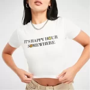 Missguided Happy Hour Embroidered Cropped T Shirt - White
