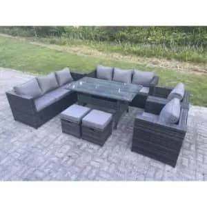 Fimous 8 Seater Outdoor Dark Grey Rattan Lounge Complete Sofa Set with Rectangular Dining Table and 2 Stools