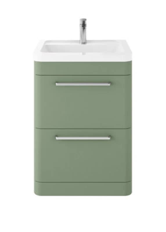 Nuie Hudson Reed Solar Floor Standing 2 Door Vanity Unit With Ceramic Basin, Durable Modern Vanity Unit In Fern Green, 600mm