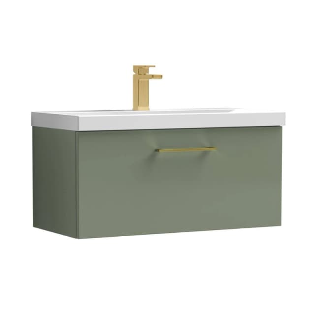 Balterley 800mm Wall Hung 1 Drawer Vanity Basin Unit, Satin Green, Brass Handle in Green Green Unisex