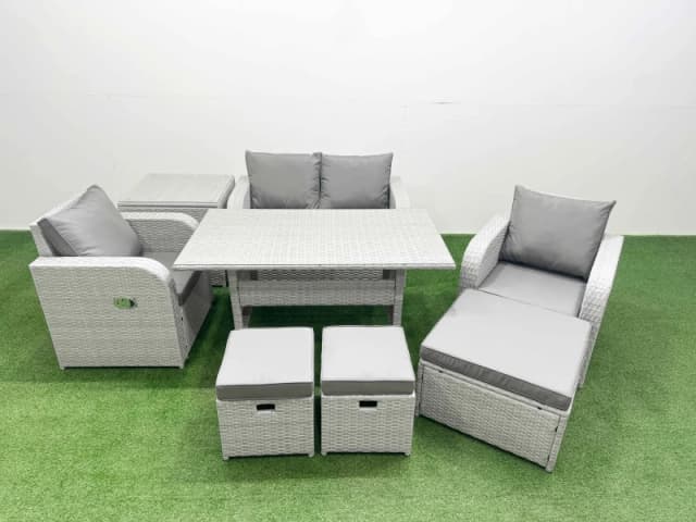Fimous Light Grey PE Wicker Rattan Garden Furniture Set Sofa Set Reclining Chair Rectangular Dining Table 7 Seater 3 Stools Side Table Light Grey