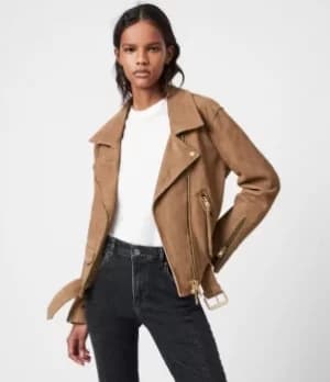 AllSaints Womens Luna Suede Biker Jacket, Tan Brown, Size: L