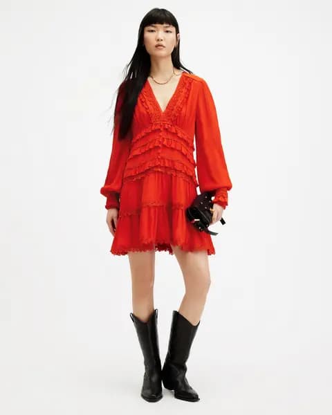 AllSaints Zora Ruffle V-Neck Mini Dress