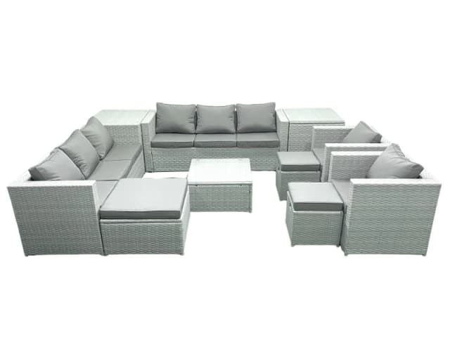 Fimous Outdoor Rattan Sofa Garden Furniture Set with 2 Armchairs Square Coffee Table 3 Footstools 2 Side Tables Light Grey Mixed Light Grey