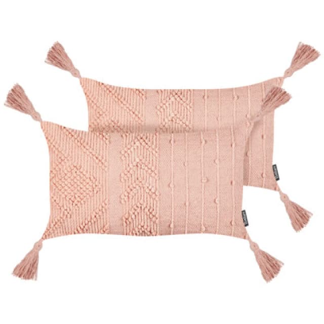 Beliani Set Of 2 Decorative Cushions Valvaria Cotton 30 X 50 Cm Peach Pink Chevron Pattern