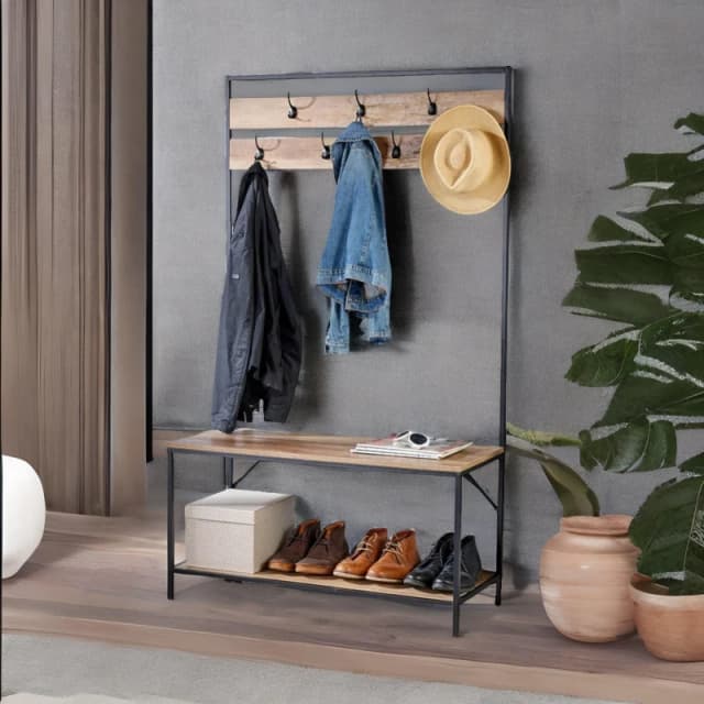 Rafaelo Mobilia Industrial Coat Rack Stand With 2 Shelves & 7 Hooks in Natural Natural Unisex