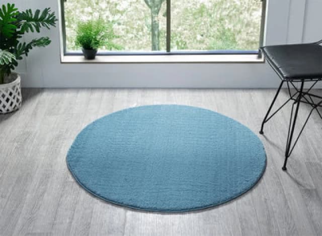 Comfy Washable Low Pile Living Room Area Rug - Anti Slip Felt Backing Teal 100Cm Diameter