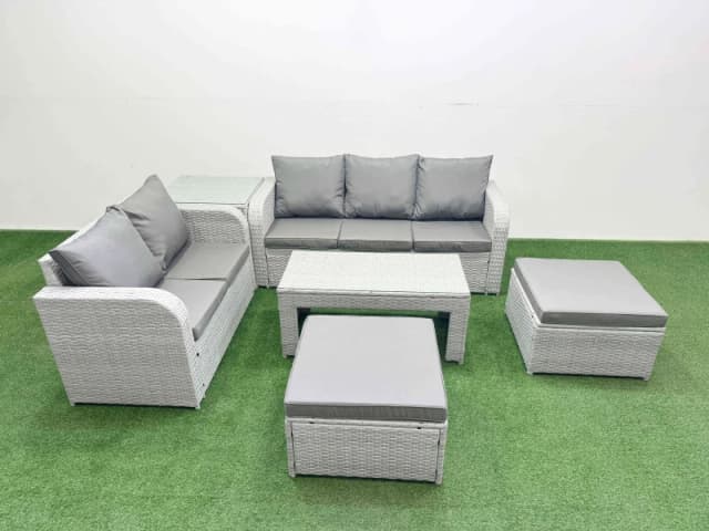 Fimous 7 Seater PE Rattan Wicker Garden Furniture Patio Conservatory Sofa Set with Oblong Coffee Table 3 Seater Sofa Love Sofa 2 Big Footstool Side Ta