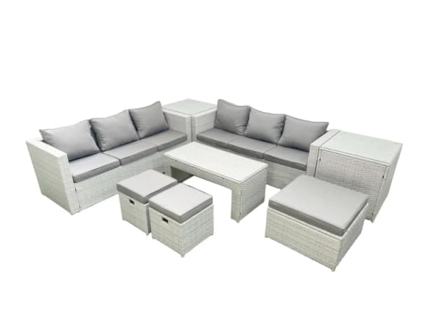 Fimous 9 Seater Garden Outdoor Rattan Furniture Set Rattan Garden Sofa Oblong Coffee Table with 3 Footstools 2 Side Tables Light Grey Mixed Light Grey